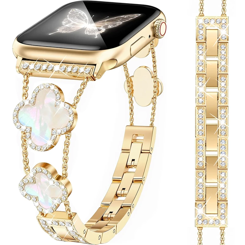 MOINSPIRE Gold Bling Clover Bands for Women Compatible with Apple Watch 40mm 38mm 41mm 42mm(S10/11) Lucky Cute Sparkle Bracelet Metal Strap for iWatch Series 11/10/9/8/7/6/5/4/SE 3/2/1