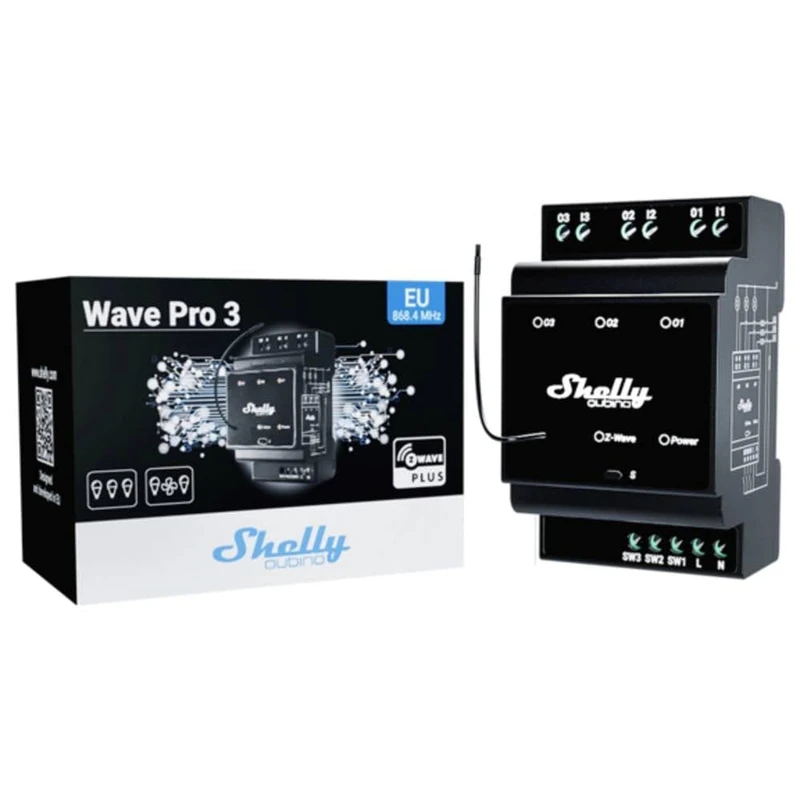 Shelly Wave Pro 3 - Z-Wave 3-Channel Smart Relay, 48A, Dry Contacts, Home & Facility Automation, Z-Wave Hub Required, SmartStart, Remote Control for Motorized Valve