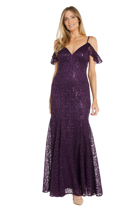R&M Richards Women's Long Sequin Lace Dress W/Godet Skirt & Flutter Cap Sleeves, Plum, 12