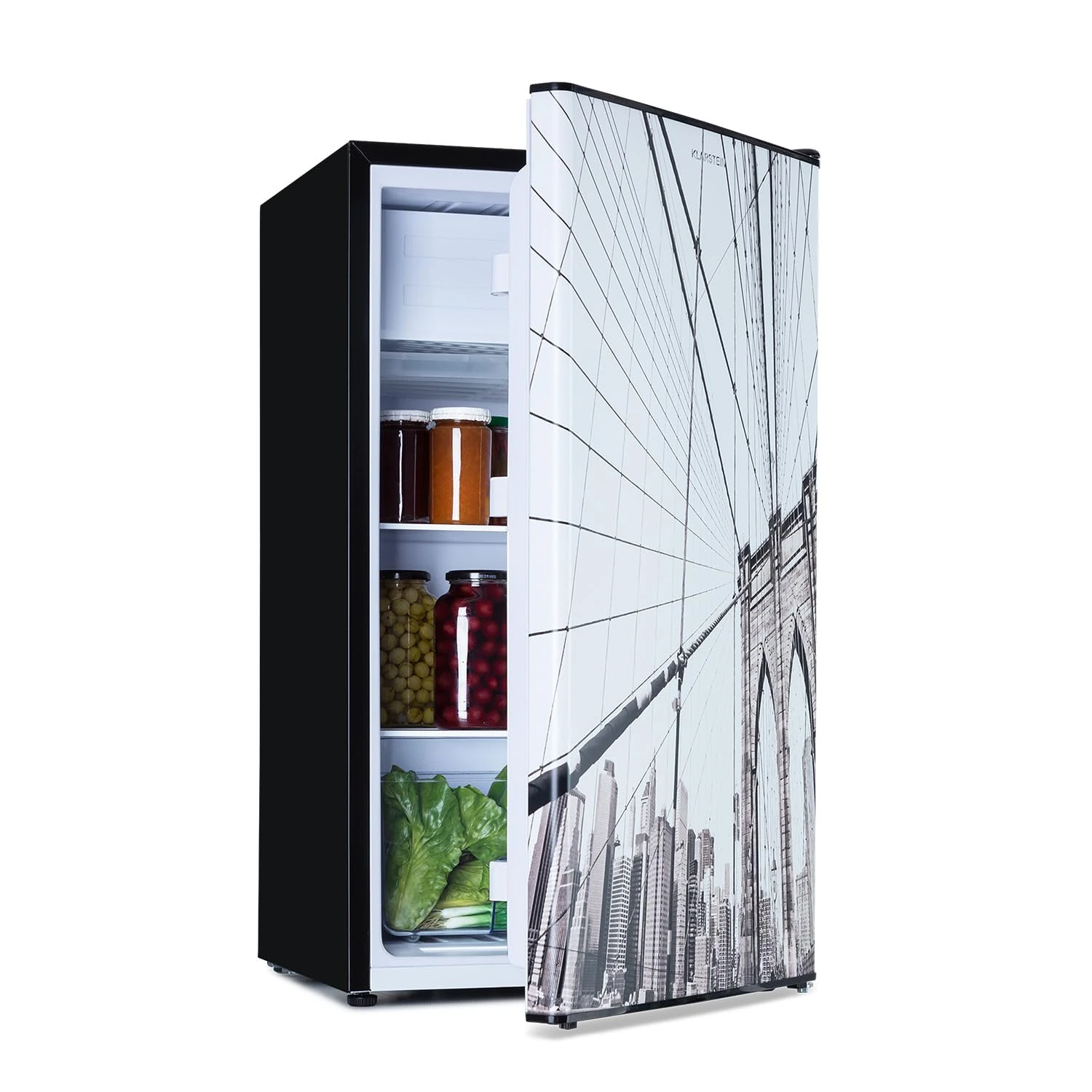 Klarstein CoolArt Fridge-Freezer Combination - Refrigerator with 2 Cooling Levels, Design Front, Thermostat with 5 Levels, 0 to 10 ° C, Compact Dimensions, Design, Big City, 79L