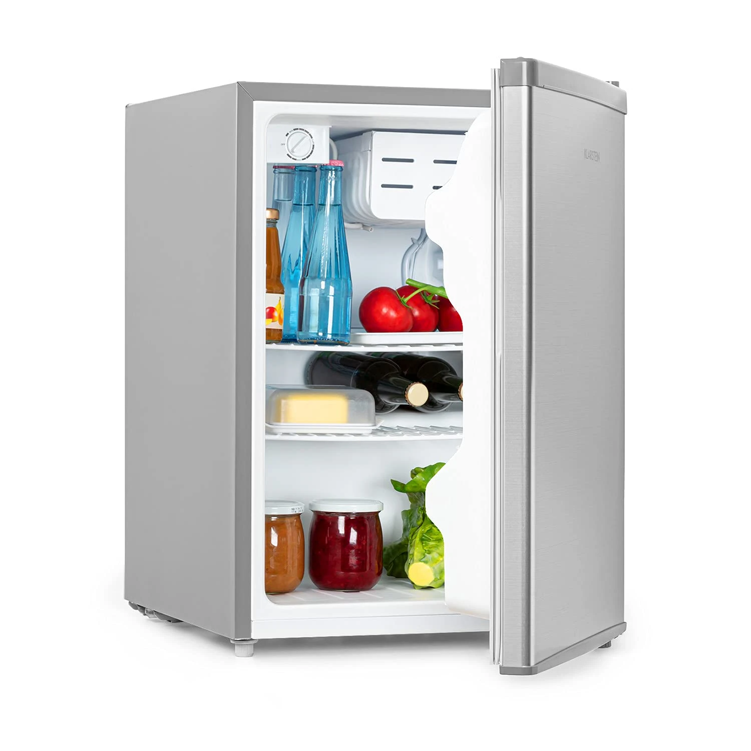 Klarstein Cool Kid Refrigerator - Mini Fridge in CompactCooling Design, Capacity: 66-Litre, Energy Efficiency Class E, 2 Levels, Cold Compartment: 4 L, Bottle Compartment up to 2 L - Stainless Steel