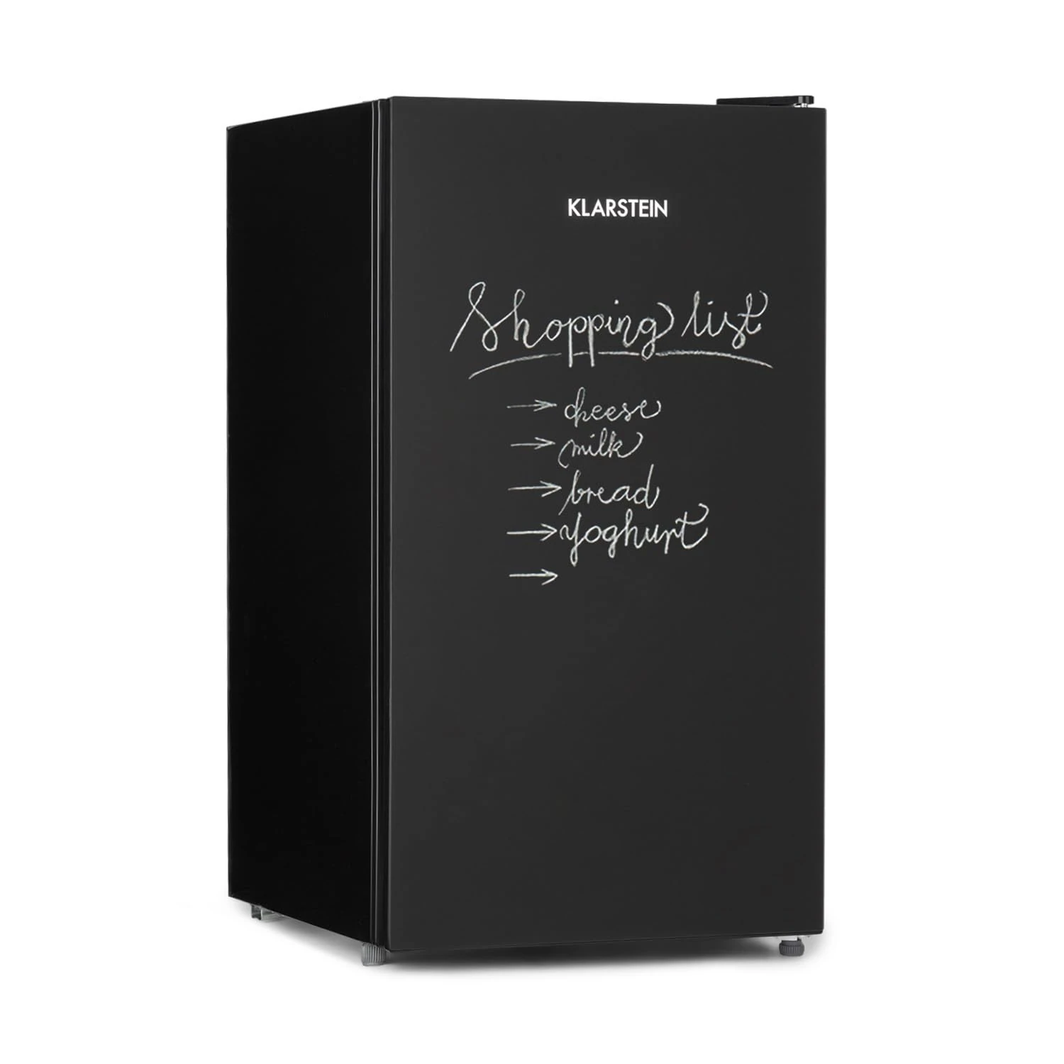Klarstein Miro Mini Fridge • Capacity: 91 litres • Energy Efficiency Class E • Writable Front • Crisper Compartment • 2 Glass Shelves • 3 Door Compartments • 7-Step Temperature Setting • Black