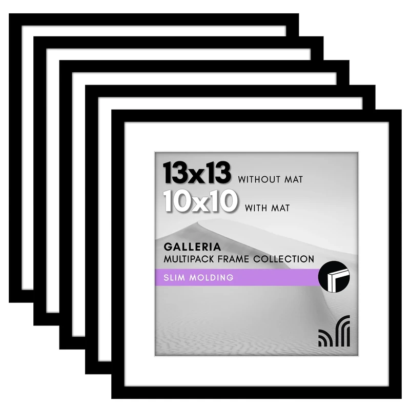 Americanflat 13x13 Picture Frame with Polished Plexiglass - Set of 5 - Use as 10x10 Frame with Mat or 13x13 Frame Without Mat - Galleria Collection - Gallery Wall Frame Set for Wall Display - Black