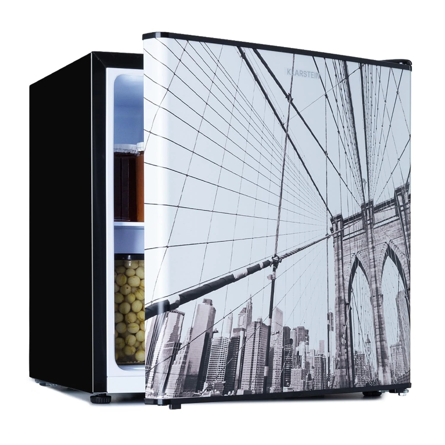 Klarstein CoolArt Fridge-Freezer Combination - Refrigerator with 2 Cooling Levels, Design Front, Thermostat with 5 Levels, 0 to 10 ° C, Compact Dimensions, Design, Big City, 45 L