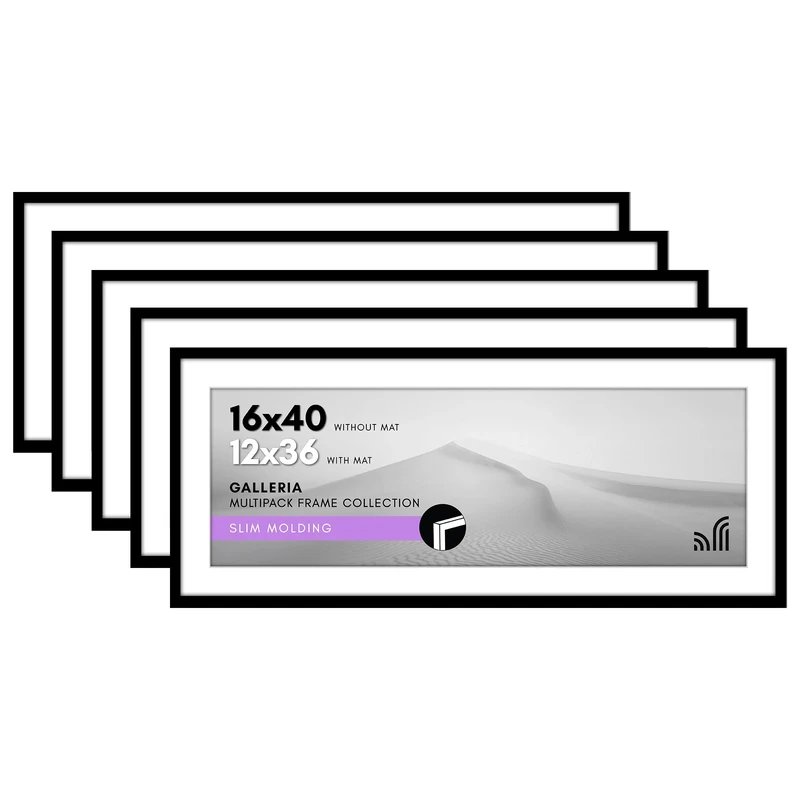 Americanflat 16x40 Picture Frame Set of 5 - Black, Polished Plexiglass, Modern Classic Style - Wall Mount, Horizontal/Vertical Orientation