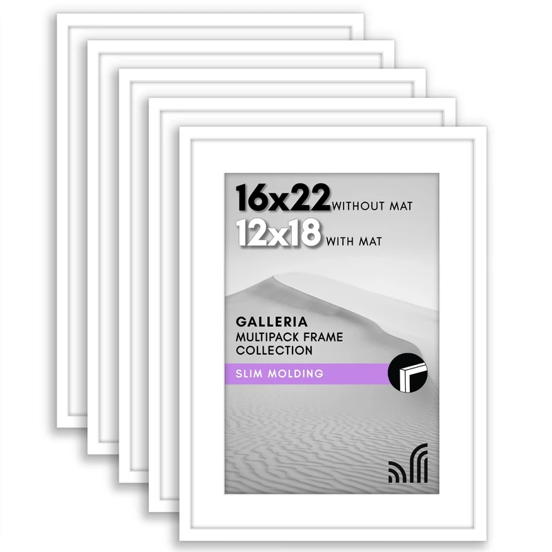 Americanflat 16x22 Picture Frame Set of 5 in White - Use as 12x18 Poster Frame With Mat or 16x22 Without Mat - Collage Wall Decor With Plexiglass Cover - Gallery Wall Set