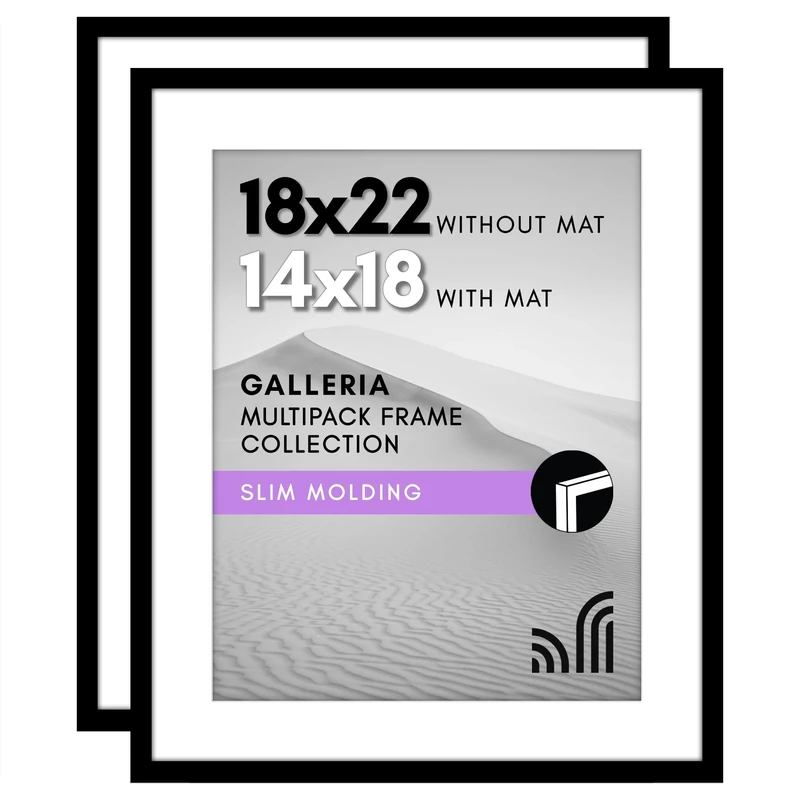Americanflat 18x22 Picture Frame Set of 2 - Polished Plexiglass - Use as 14x18 With Mat or 18x22 Without Mat - Galleria Collection - Gallery Wall Display - Black