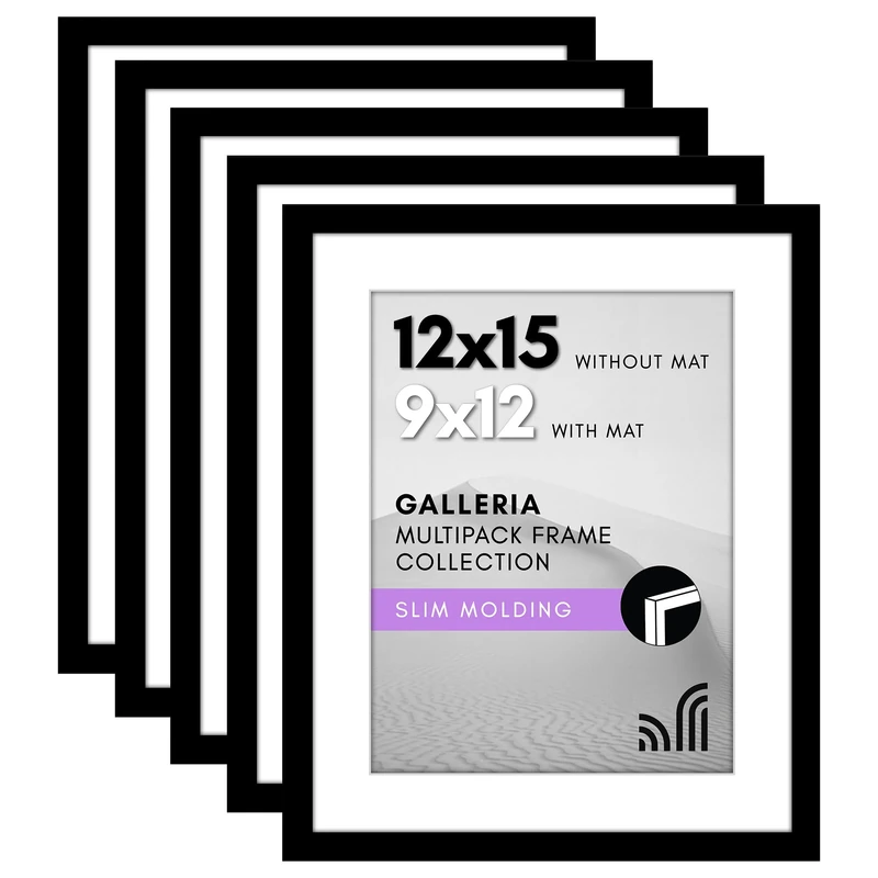 Americanflat 12x15 Picture Frame Set of 5 - Galleria Collection - Use as 9x12 With Mat or 12x15 Without Mat - Black Gallery Wall Display With Polished Plexiglass