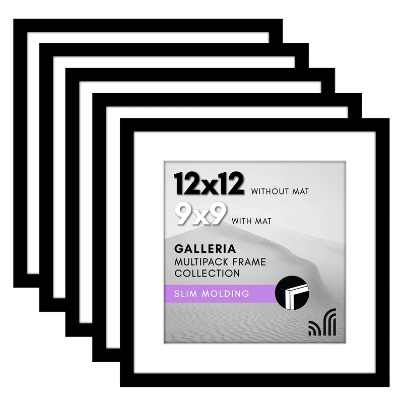 Americanflat 12x12 Picture Frame with Polished Plexiglass - Set of 5 - Use as 9x9 Frame with Mat or Display 12x12 Photo Without Mat - Galleria Collection - Square Frames for Wall Display - Black