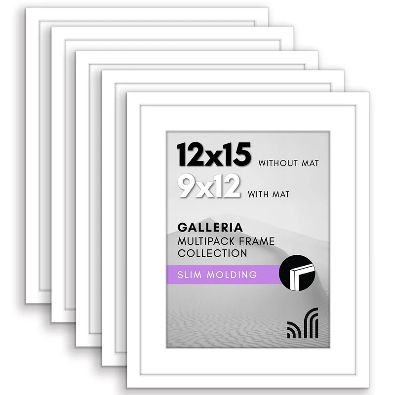 Americanflat 12x15 Picture Frame Set of 5 in White - Use as 9x12 Picture Frame with Mat or 12x15 Frame Without Mat - Picture Frames Collage Wall Decor with Plexiglass Cover - Gallery Wall Frame Set