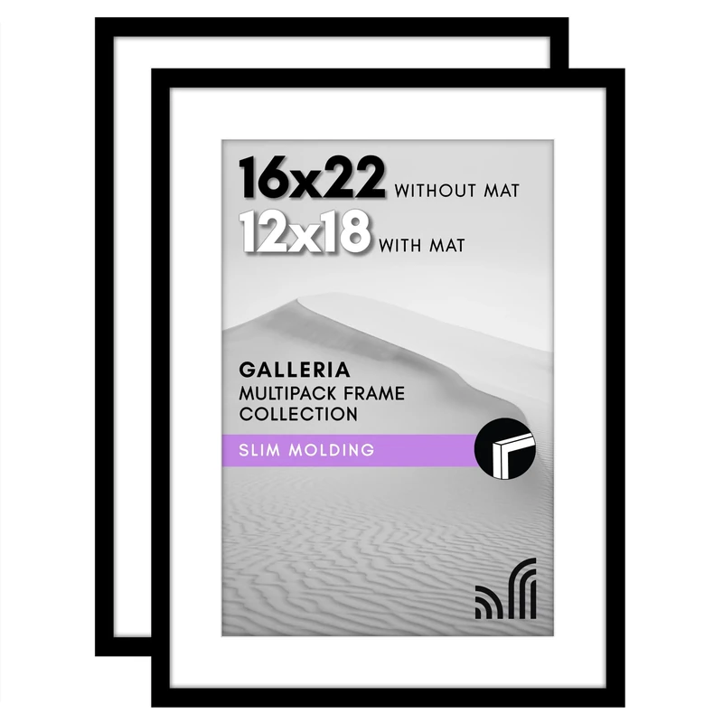 Americanflat 16x22 Picture Frame Set of 2 - Polished Plexiglass - Use as 12x18 With Mat or 16x22 Without Mat - Galleria Collection - Gallery Wall Display - Black