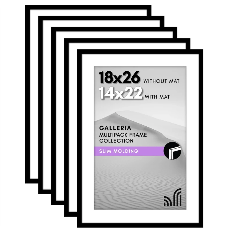 Americanflat 18x26 Poster Frame Set of 5 in Black - Use as 14x22 Picture Frame with Mat or 18x26 Frame Without Mat - Picture Frames Collage Wall Decor with Plexiglass Cover - Gallery Wall Frame Set