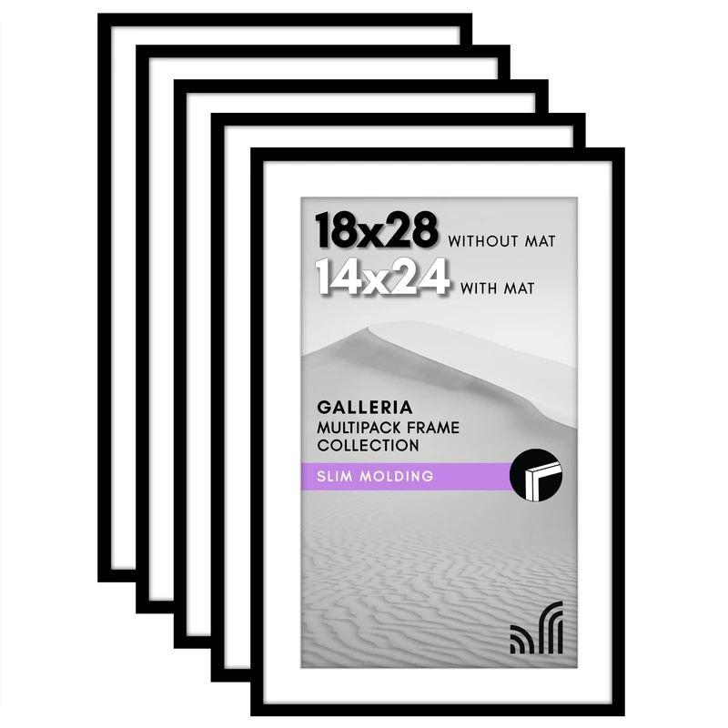 Americanflat 18x28 Poster Frame With Polished Plexiglass - Set of 5 - Use as 14x24 With Mat or 18x28 Without Mat - Galleria Collection - Gallery Wall Set for Wall Display - Black