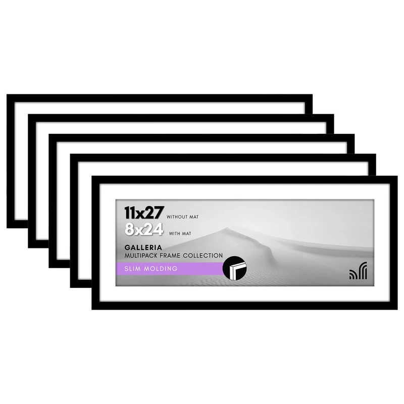 Americanflat 11x27 Poster Frame with Polished Plexiglass - Set of 5 - Use as 8x24 Frame with Mat or 11x27 Frame Without Mat - Galleria Collection - Gallery Wall Frame Set for Wall Display - Black