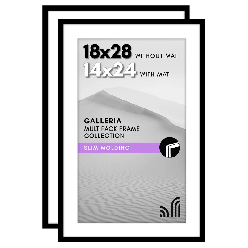 Americanflat 18x28 Poster Frame With Polished Plexiglass - Set of 2 - Use as 14x24 With Mat or 18x28 Without Mat - Galleria Collection - Gallery Wall Set for Wall Display - Black