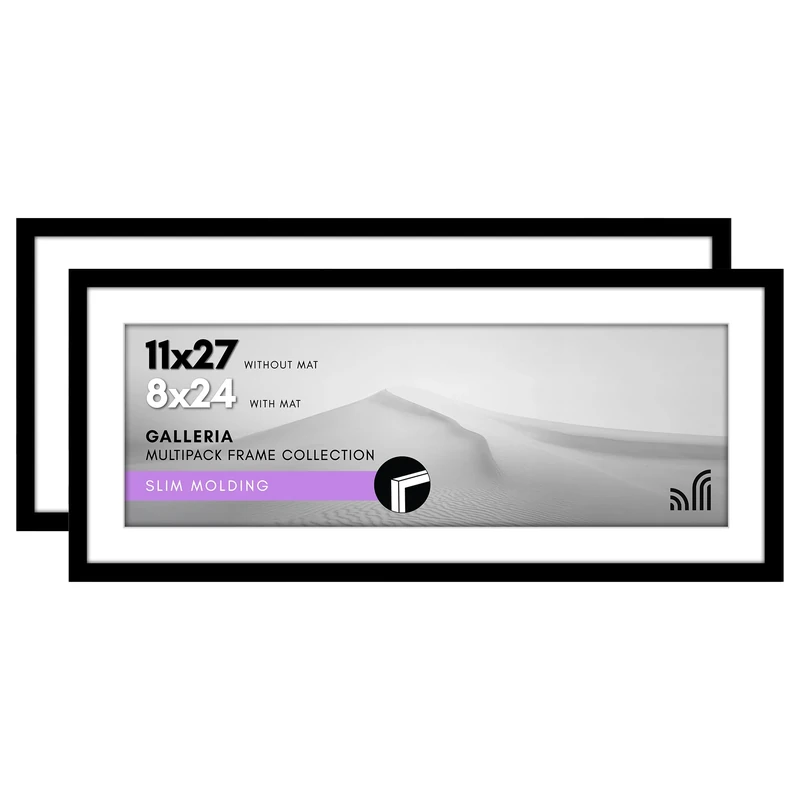 Americanflat 11x27 Picture Frame Set of 2 - Polished Plexiglass - Use as 8x24 With Mat or 11x27 Without Mat - Galleria Collection - Gallery Wall Display - Black