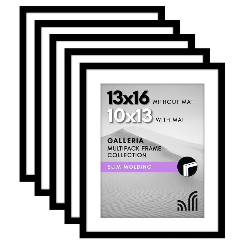 Americanflat 13x16 Picture Frame with Polished Plexiglass - Set of 5 - Use as 10x13 Frame with Mat or 13x16 Frame Without Mat - Galleria Collection - Gallery Wall Frame Set for Wall Display - Black
