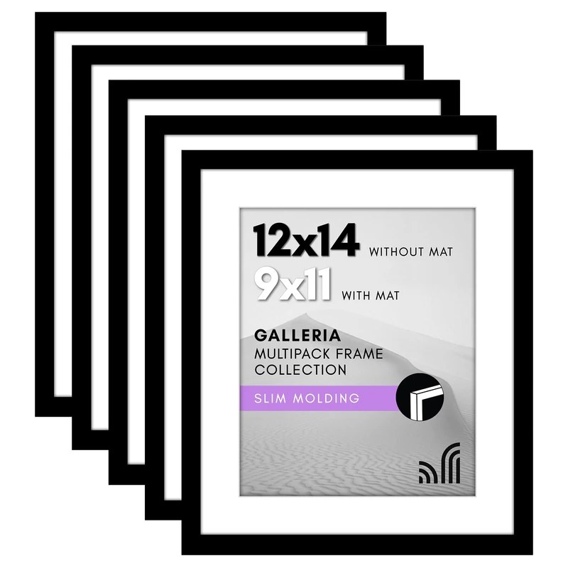 Americanflat 12x14 Picture Frame Set of 5 in Black - Use as 9x11 with Mat or 12x14 Without Mat - Collage Wall Decor with Plexiglass Cover - Gallery Wall Frame Set