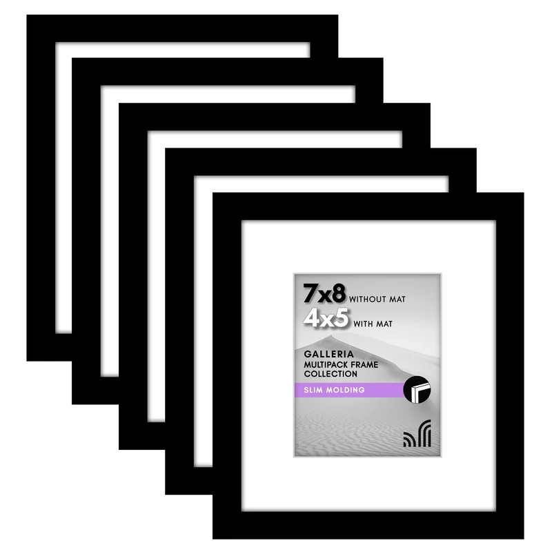 Americanflat 7x8 Picture Frame with Polished Plexiglass - Set of 5 - Use as 4x5 Frame with Mat or 7x8 Frame Without Mat - Galleria Collection - Gallery Frames for Tabletop and Wall Display - Black