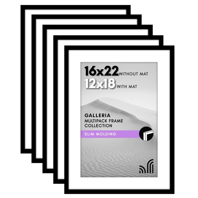 Americanflat Galleria Collection - 16x22 Picture Frame Set with Polished Plexiglass - Use as 12x18 with Mat or 16x22 without Mat - Black