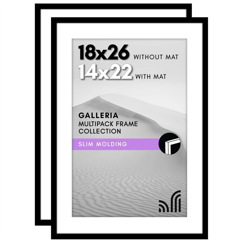 Americanflat 18x26 Poster Frame Set of 2 - Polished Plexiglass - Use as 14x22 With Mat or 18x26 Without Mat - Galleria Collection - Gallery Wall Display - Black