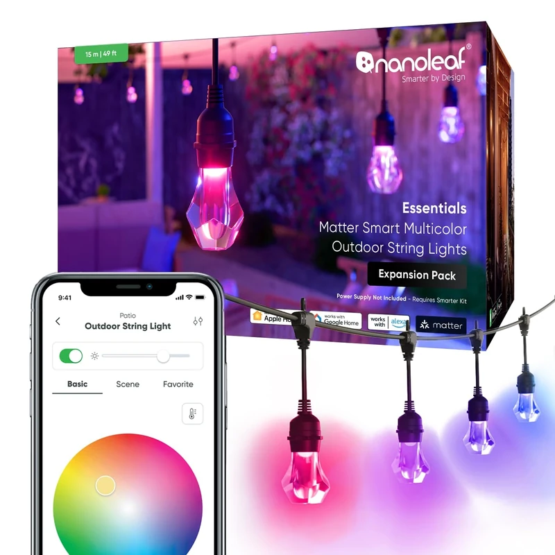 nanoleaf Matter Essentials, 15M Outdoor LED String Lights Expansion Pack (RGBICW) - Smart Multicolor Lights with 16M+ Colours, IP65 Waterproof, 20 addressable LED Bulbs, WiFi, Bluetooth & Matter