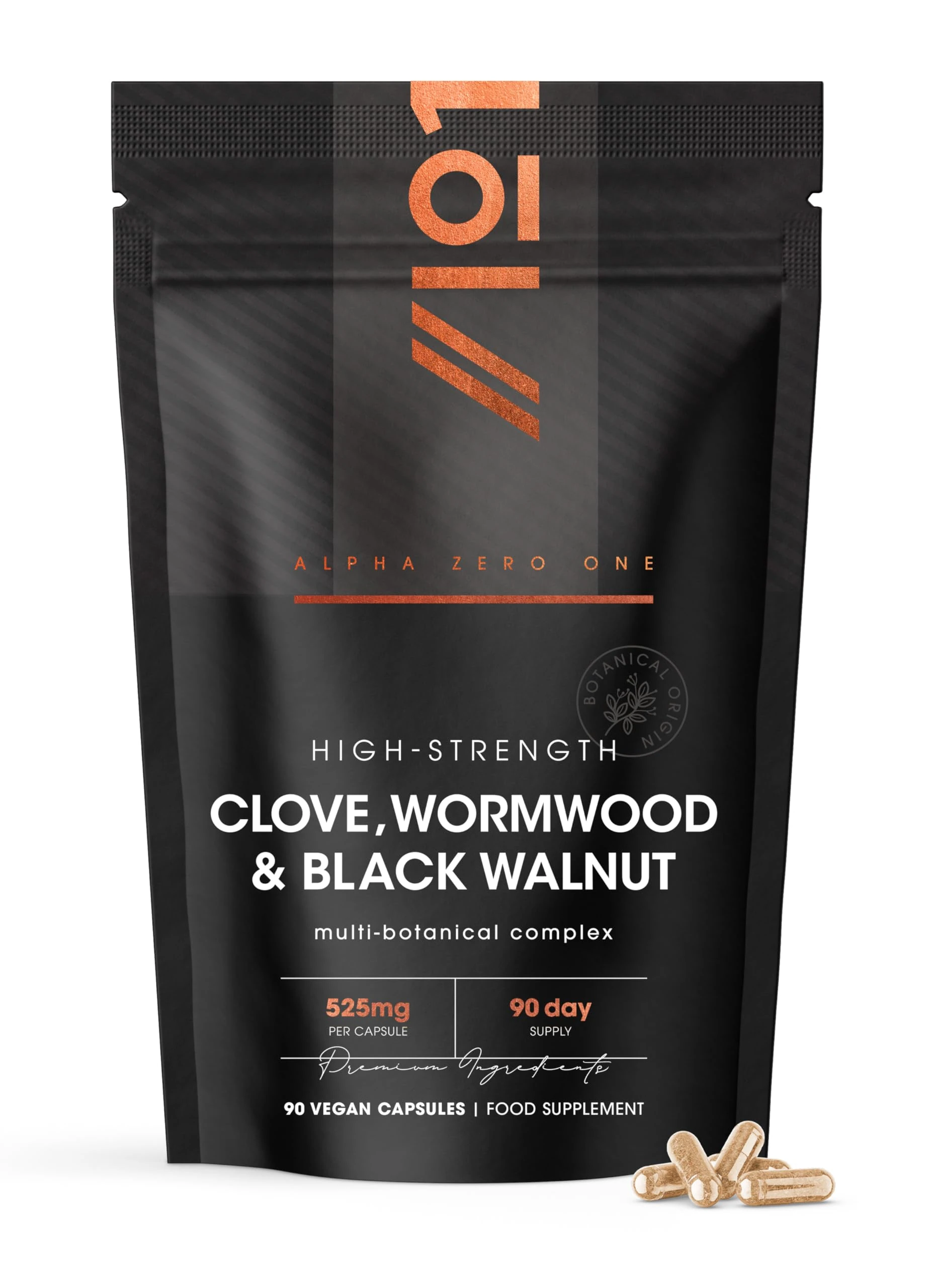 Clove, Wormwood & Green Black Walnut Hull 525mg – 90 Vegan Capsules – High Strength Multi-Botanical Complex Supplement – Resealable and Recyclable Pouch by Alpha01