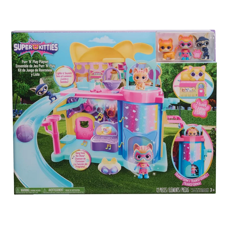 Just Play Disney Junior SuperKitties Purr ‘N’ Play Playset and Figures, 12-pieces, Lights and Sounds, Kids Toys for Ages 3 Up