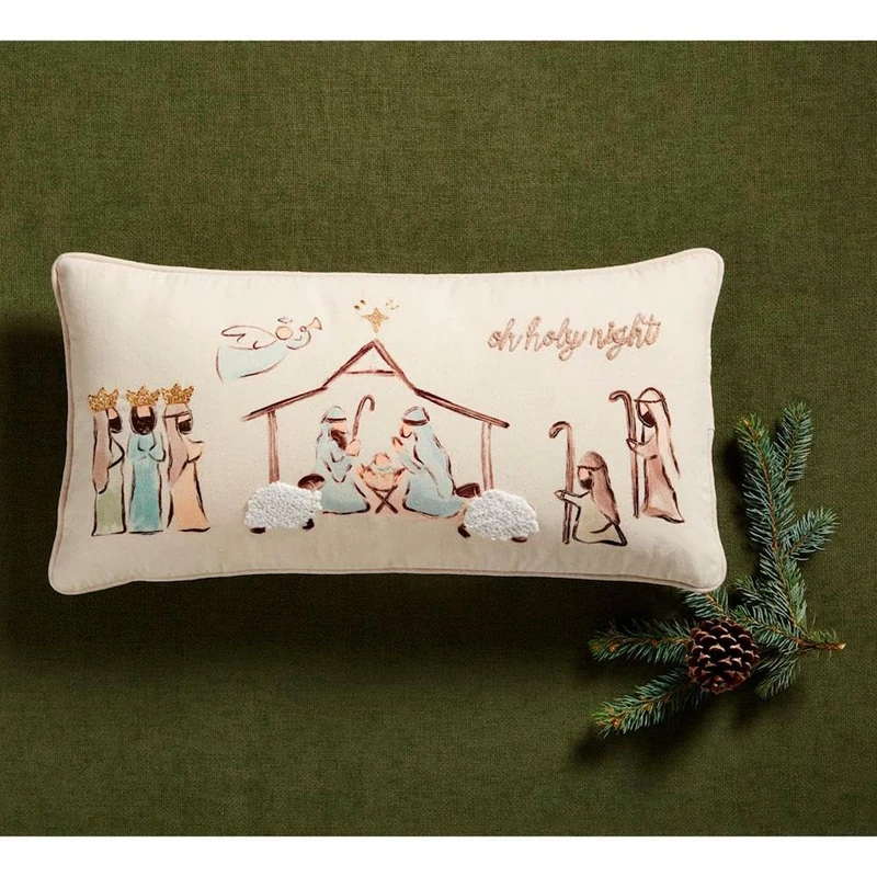 Mud Pie Nativity Pillow, 12" x 24", Cream - Image 1