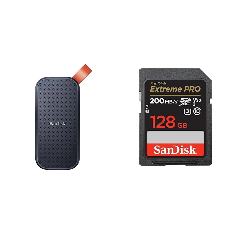 SanDisk 2TB Portable SSD - up to 800MB/s Read Speed, USB 3.2 Gen 2 & 128GB Extreme PRO SDXC card + RescuePRO Deluxe, up to 200MB/s, UHS-I, Class 10, U3, V30
