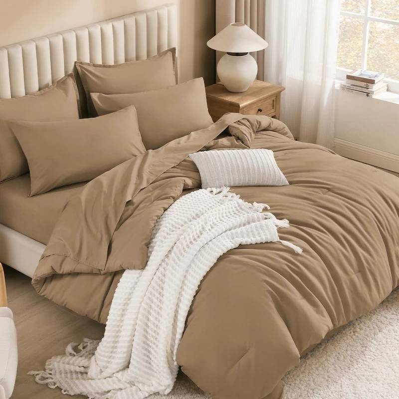 Litanika Queen Comforter Set Taupe - 7 Pieces Bed in a Bag Queen Bedding Comforter Sets, Solid Lightweight Bed Set with Comforter, Sheets, Pillowcases & Shams