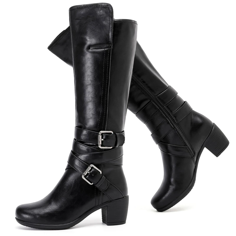 Ruiee Women's Knee High Boots Fashion Comfort Chunky Heeled Tall Boots Classic Pointed Toe Fall Winter Low Mid Heel Long Boots for Women.230303 Black LPU UKsize6 - Image 1