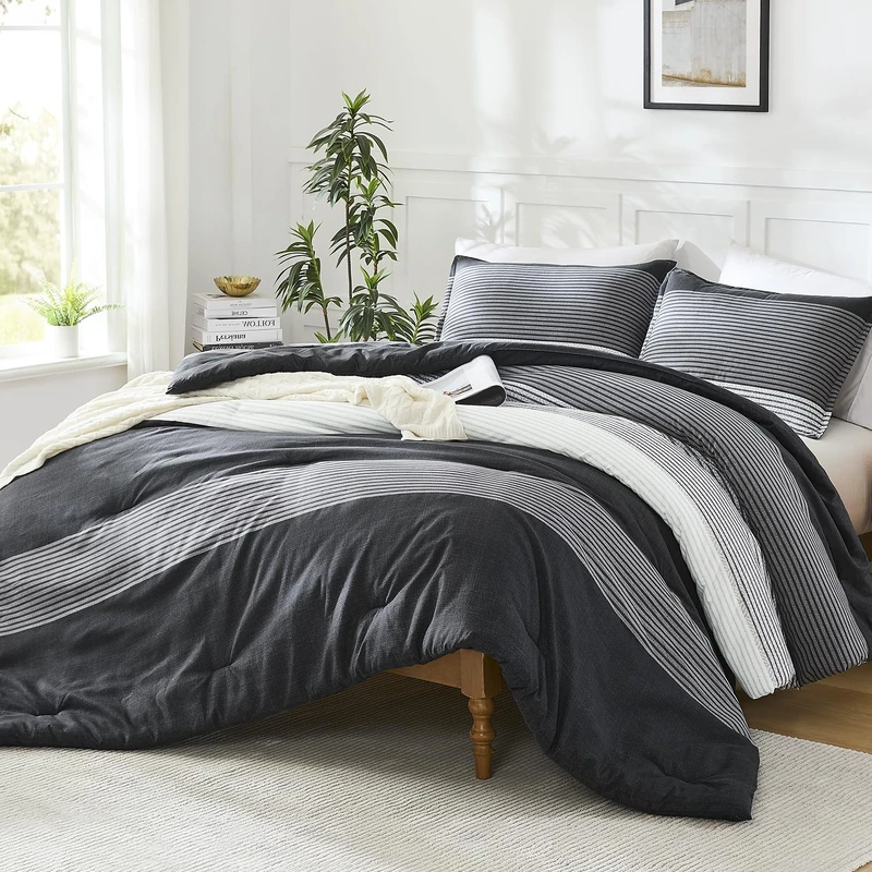 Litanika Oversized Queen Comforter Set Black - 3 Pieces Stripe Bed Set