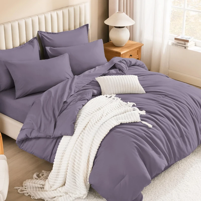 Litanika King Size Comforter Set Grey Purple - 7 Pieces Bedroom Bed in a Bag King Beddding Comforter Sets, Solid Lightweight Bed Set with Comforter, Sheets, Pillowcases & Shams