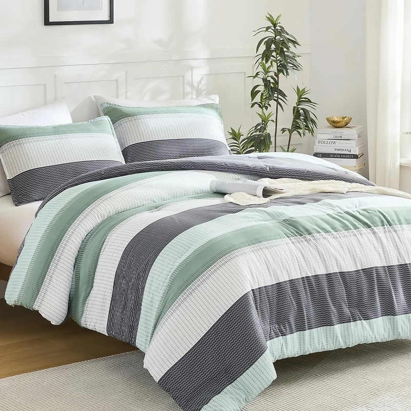 Litanika Oversized King Comforter Set Light Green - 3 Pieces Stripe Bed Set