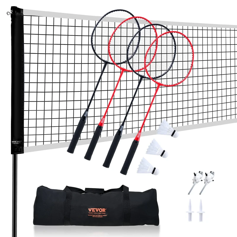 VEVOR Badminton Net Set, Outdoor Backyard Beach Park Badminton Net, Portable Badminton Equipment Set, Adults Kids Badminton Net with Poles, Carrying Bag, 4 Iron Rackets, and 3 Nylon Shuttlecocks