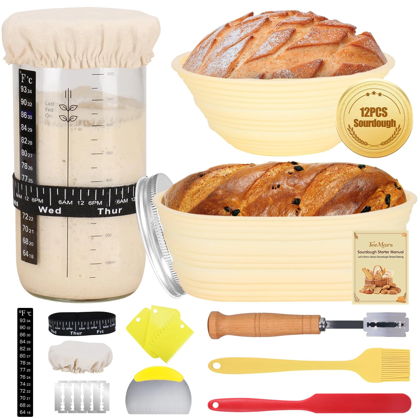 Complete Sourdough Kit for Beginners - 1000ml Starter Jar, 2 Bread Proofing Baskets, Thermometer, Feeding Time Tracker, Metal Scraper - Easy to Clean Bread Baking Supplies