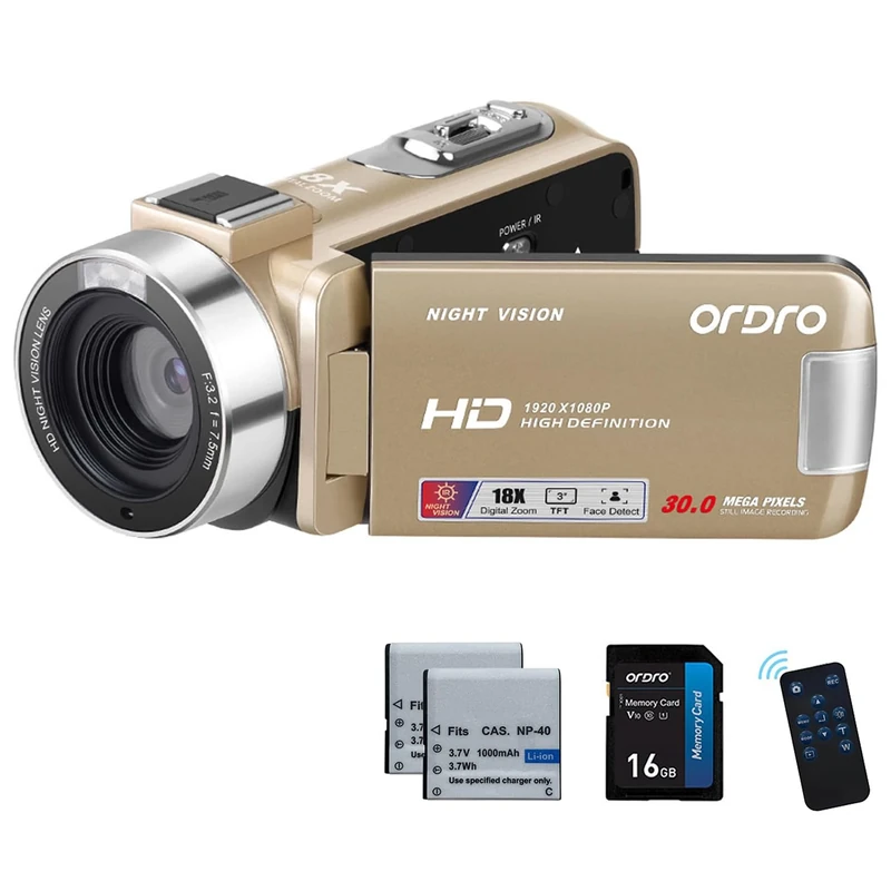 ORDRO Full HD 1080P 30MP Camcorder 18X Digital Zoom IR Night Vision YouTube Video Camera 3.0" 270° Rotating Screen with 16GB Card & 2 Batteries Vlogging Camera (Gold)