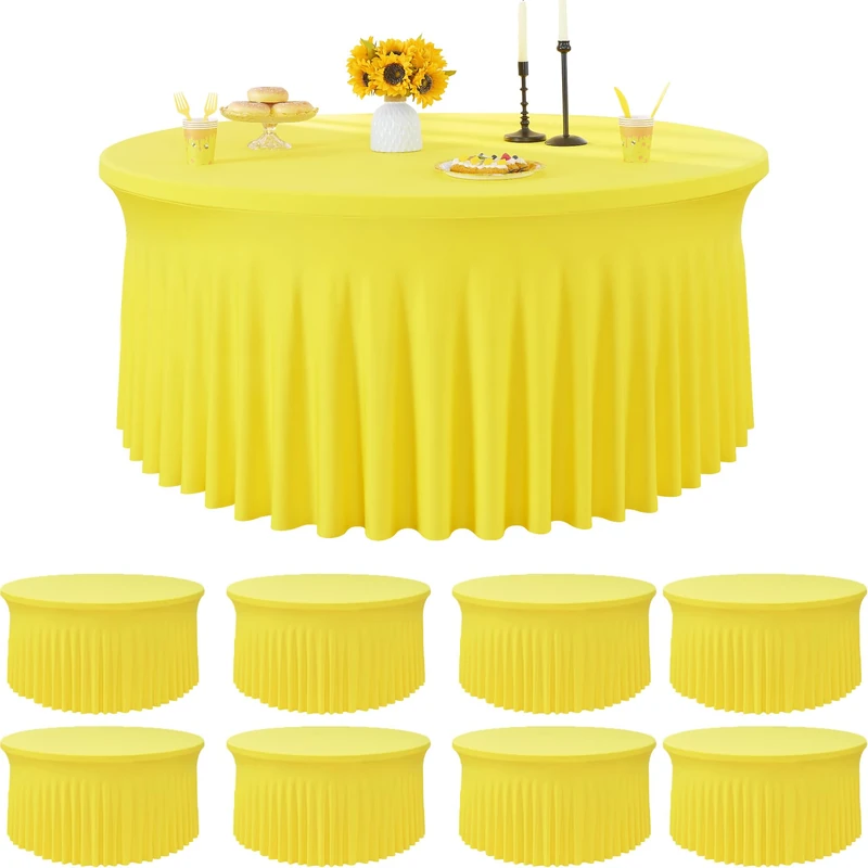 Htper 8 Pack Yellow Spandex Round Tablecloths for 72 inch Table, Wrinkle Free Stretchy 132inch Fitted 6ft Round Table Cover with Skirt for Wedding Party Dining Banquet