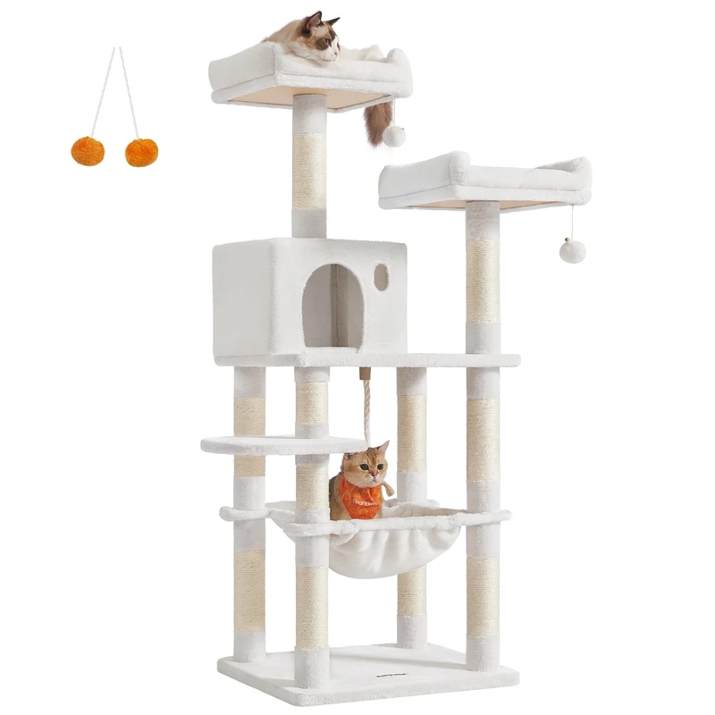 Feandrea Cat Tree, 143 cm Cat Tower for Indoor Cats, Multi-Level Plush Cat Condo with 11 Scratching Posts, Perches, Cave, Hammock, Pompoms, Cream White PCT015W02