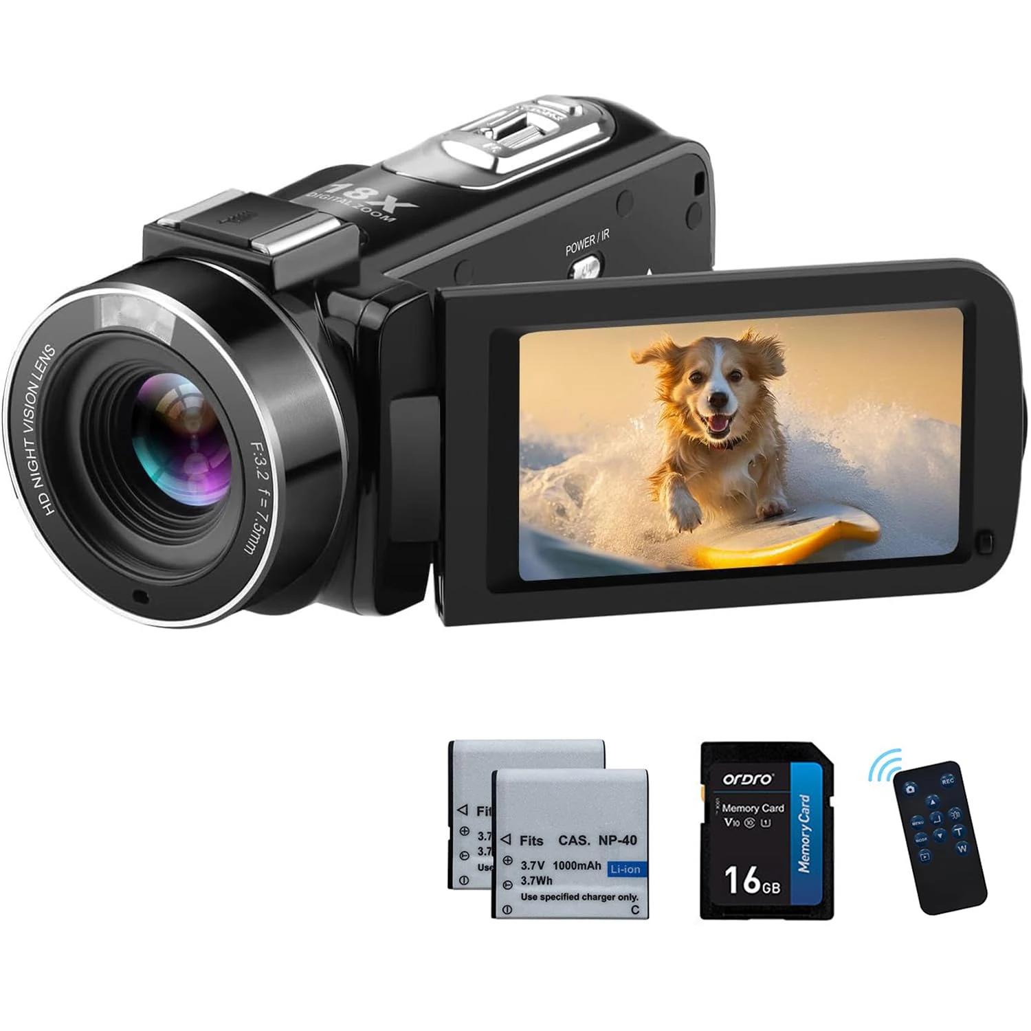 ORDRO Full HD 1080P 30MP Camcorder 18X Digital Zoom IR Night Vision YouTube Video Camera 3.0" 270° Rotating Screen with 16GB Card & 2 Batteries Vlogging Camera (Black)