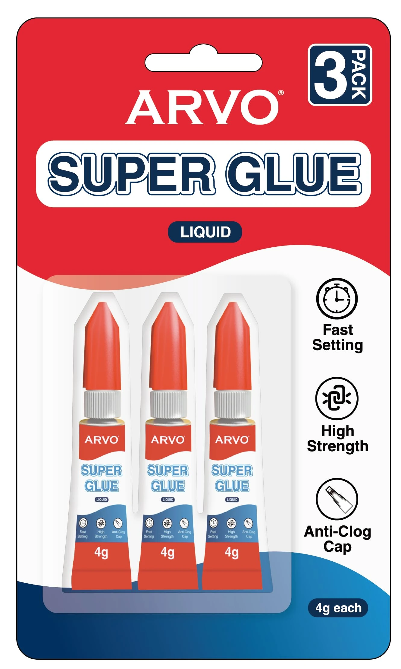 ARVO Super Glue Liquid 12g (Pack of 3 x 4g) – All-Purpose Fast-Drying Adhesive with Impact Tough Bond & Anti-Clog Cap for Metal, Ceramics, Leather and More