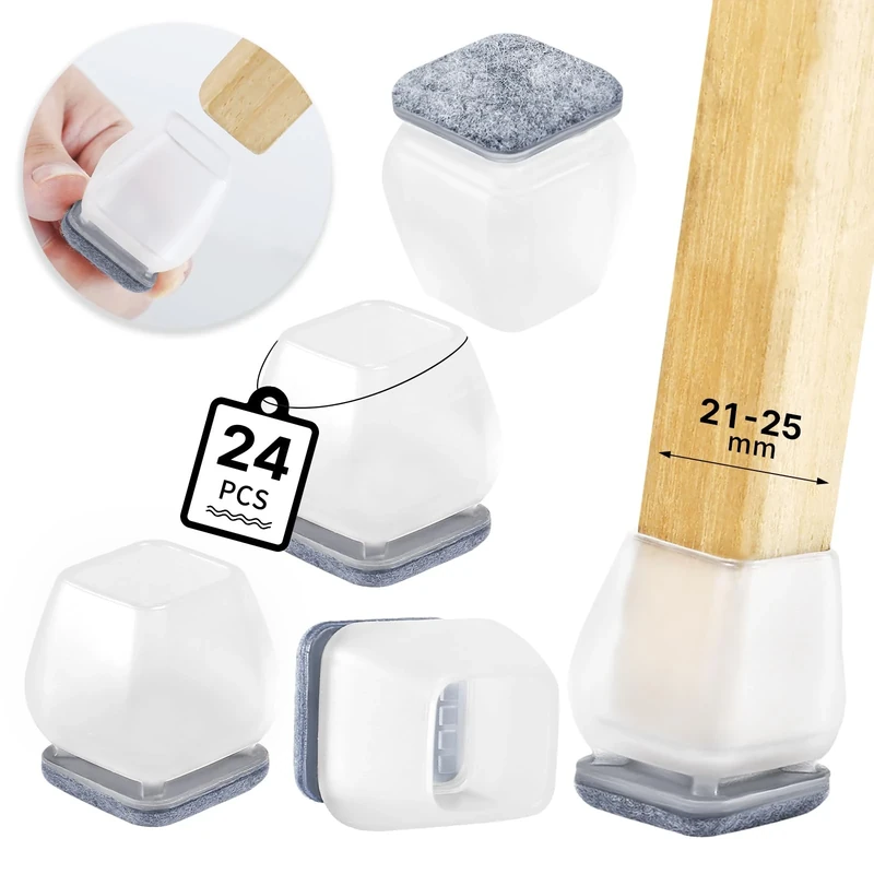 RCHYFEED Chair Leg Floor Protectors, 24Pcs Transparent Chair Feet Cover with Wrapped Felt, Chair Leg Protectors for Hardwood Floors, Furniture Feet Protectors Pads (Fit:21-25mm)