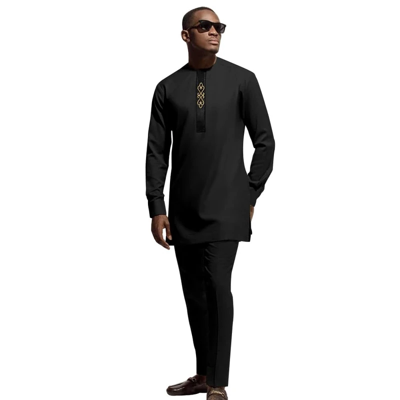 Dashiki for Men African Outfits 2 Piece Set Shirt Pants Nigerian Mens Suit Wedding Attire Tracksuit, Black, Medium