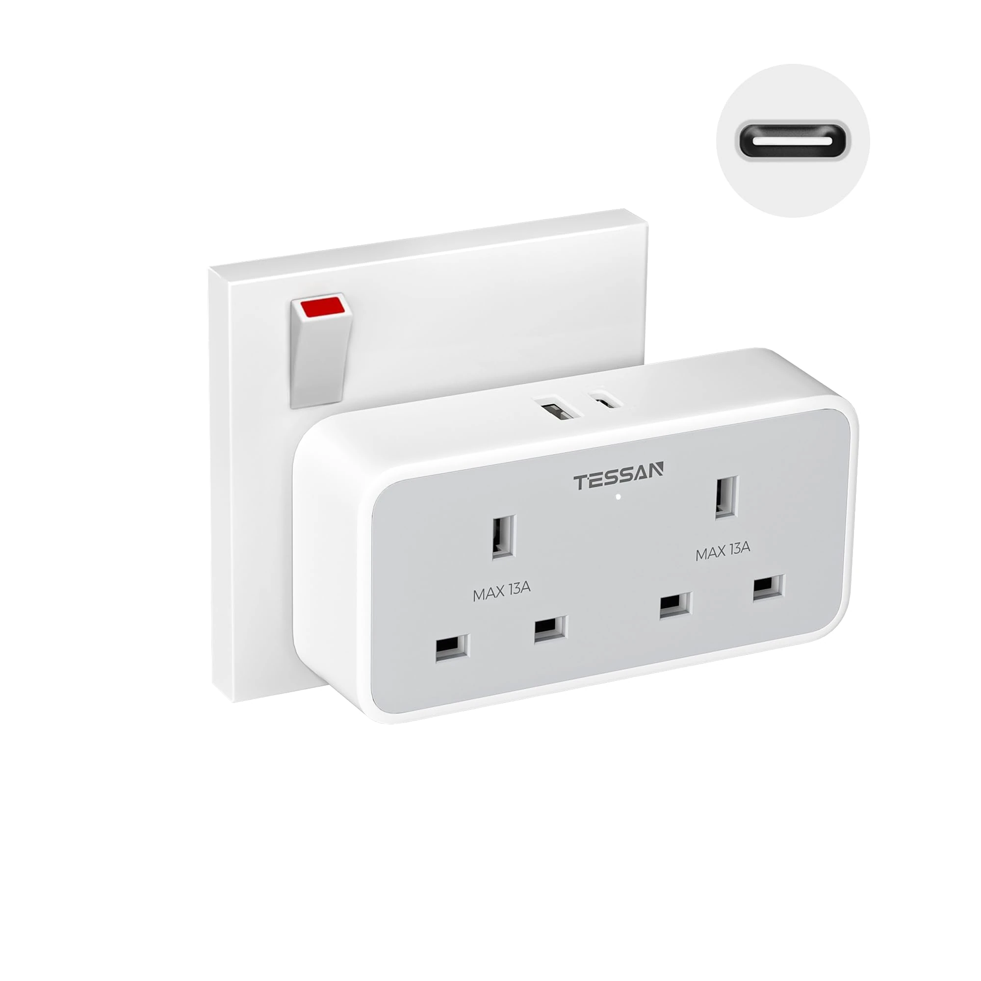 USB C Plug Charger Adaptor UK, TESSAN Double Plug Extension Socket with USB C Charging Port, 13A UK Dual Surge Protected Outlets Extender for Home, Office, Kitchen, School Supplies