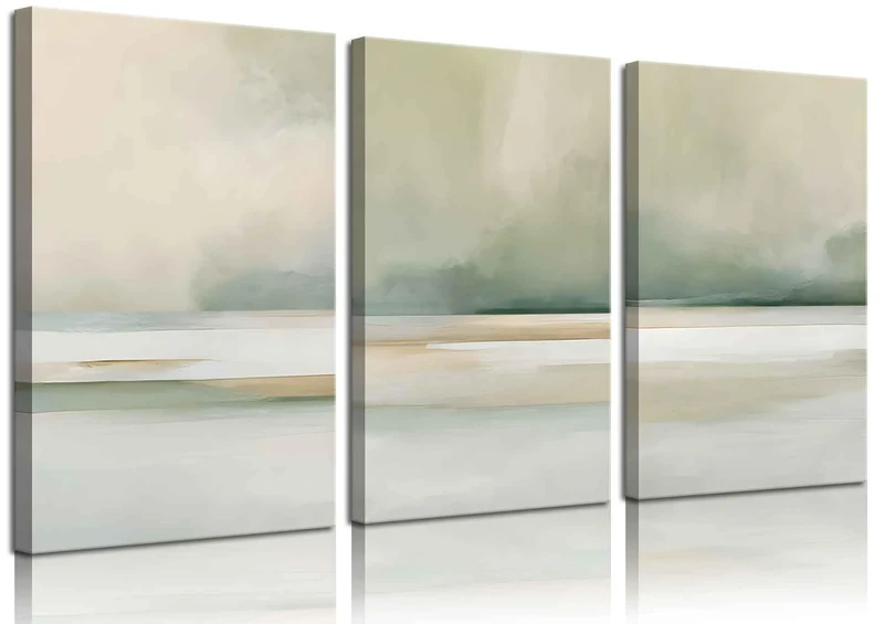 3Pcs Sage Green Canvas Wall Art Modern Neutral Abstract Wall Decor Pictures Minimalist Green Tan Posters Prints for Living Room Bedroom Home Decoration, 12x16in
