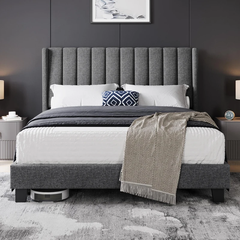 Yaheetech King Bed Frame, Upholstered Platform Bed with Channel Tufted Headboard & Wing Side, Wood Slat Support, Mattress Foundation, No Box Spring Needed, Noise-free, 5ft King Bed Dark Grey