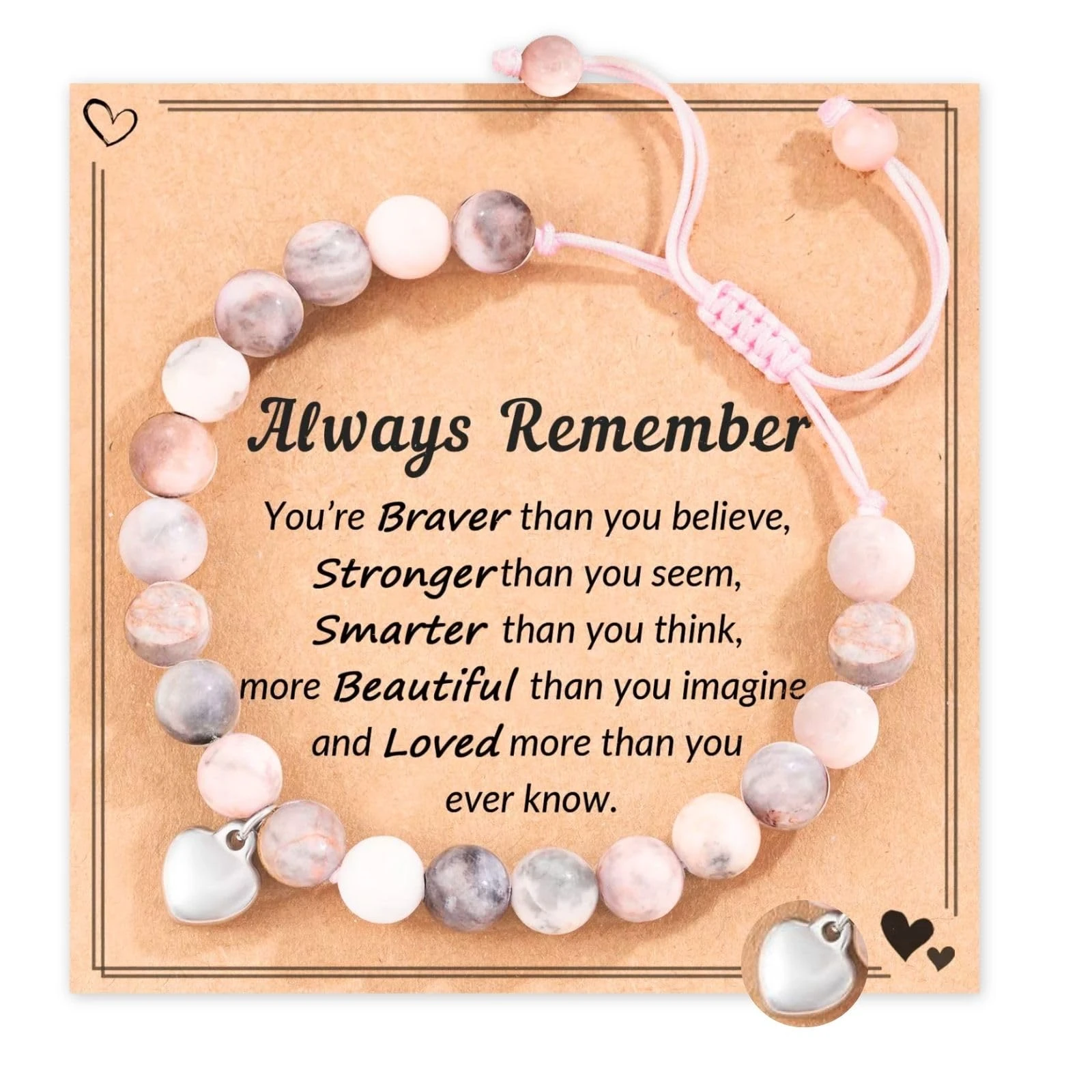 Natural Stone Healing Crystal Bracelets, Adjustable Stretch Pink Zebra Bracelet Crystal Jewelry Yoga Meditation Relax Gifts Friendship Birthday BFF for Women Teen Girls with Encourage Quote Card