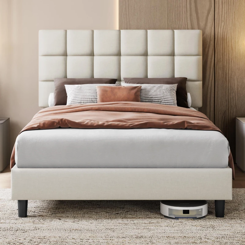 Yaheetech Double Bed Frame Upholstered Platform Bed with Adjustable Square Tufted Headboard/Linen Fabric/Sturdy Wooden Slat Support/No Box Spring Needed, 4ft6 Double Bed Beige