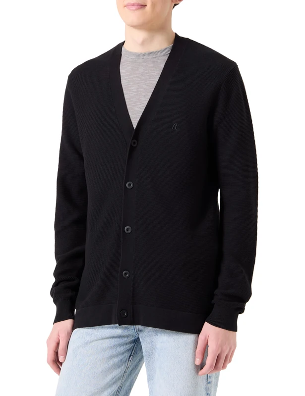 Replay Men's Regular Fit Cotton Cardigan with Button Placket, 098 Black, XL - Image 1